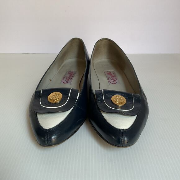 Pappagallo Flats Vintage Navy Blue Leather8.5M Made in Spain Gold Anchor Loafer - Picture 6 of 14